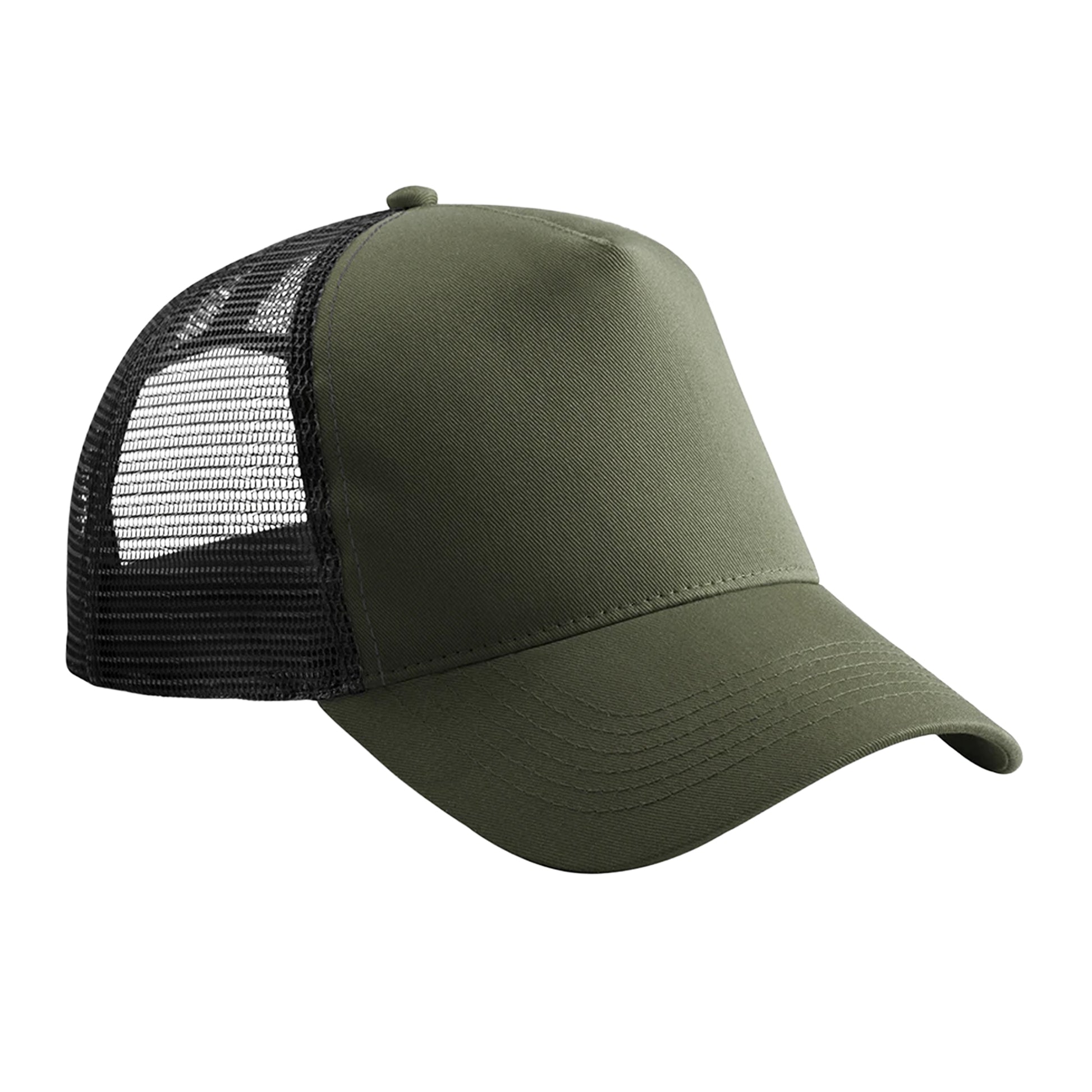 Olive Green-Black - Front - Beechfield Childrens-Kids Contrast Panel Trucker Cap