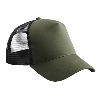 Olive Green-Black - Front - Beechfield Childrens-Kids Contrast Panel Trucker Cap