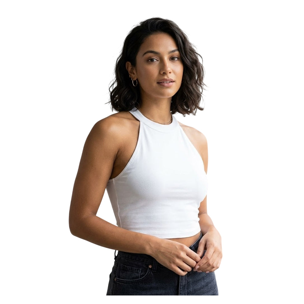 White - Back - Build Your Brand Womens-Ladies Turtle Neck Short Tank Top