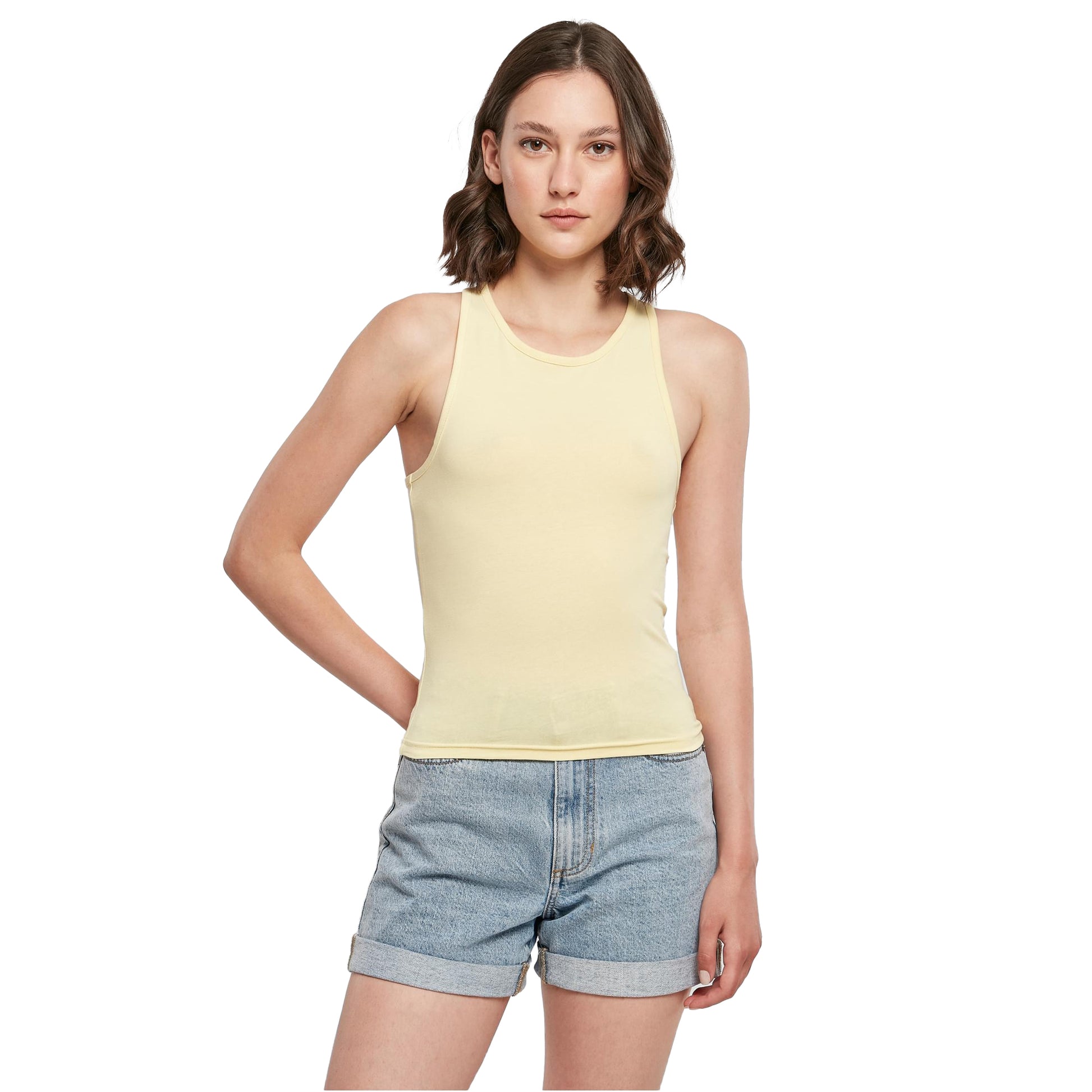 Soft Yellow - Side - Build Your Brand Womens-Ladies Racerback Tank Top