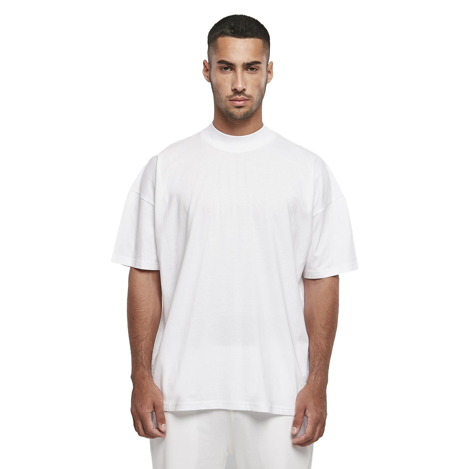 White - Side - Build Your Brand Mens Mock Neck Oversized T-Shirt