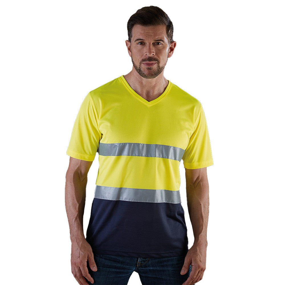Yellow-Navy - Back - Yoko Mens Hi-Vis Lightweight V Neck T-Shirt