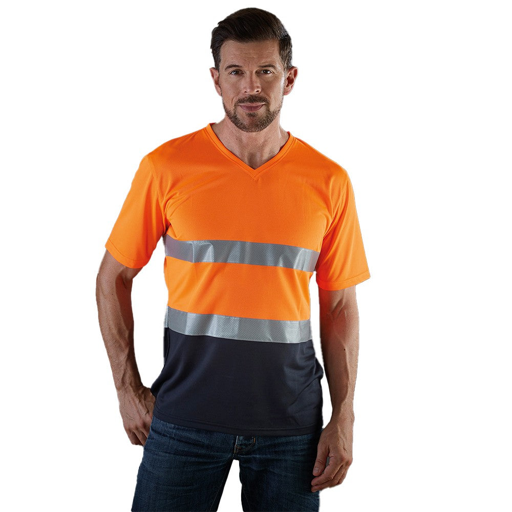 Orange-Navy - Back - Yoko Mens Hi-Vis Lightweight V Neck T-Shirt