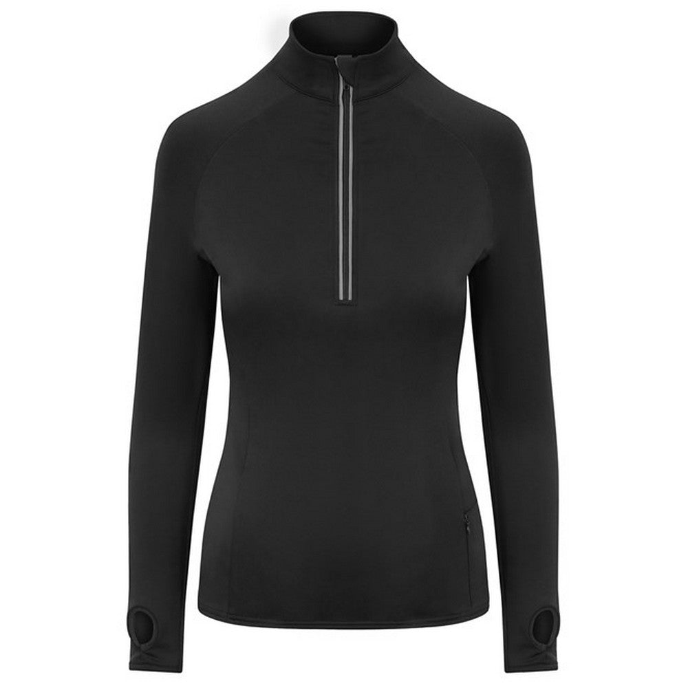 Jet Black - Front - AWDis Cool Womens-Ladies Cool-Flex Half Zip Long-Sleeved Base Layer Top