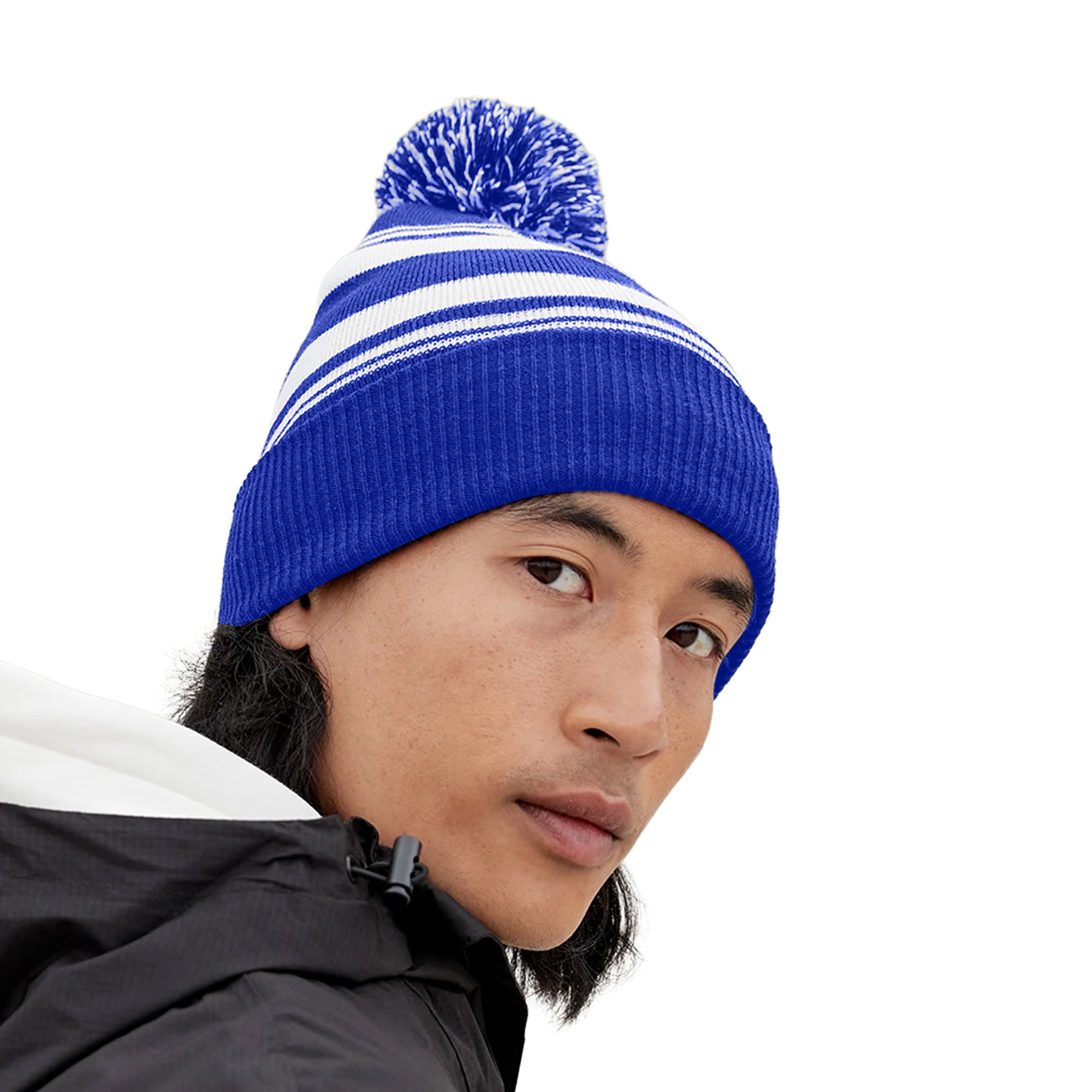 Bright Royal Blue-White - Back - Beechfield Unisex Adult Fan Striped Beanie
