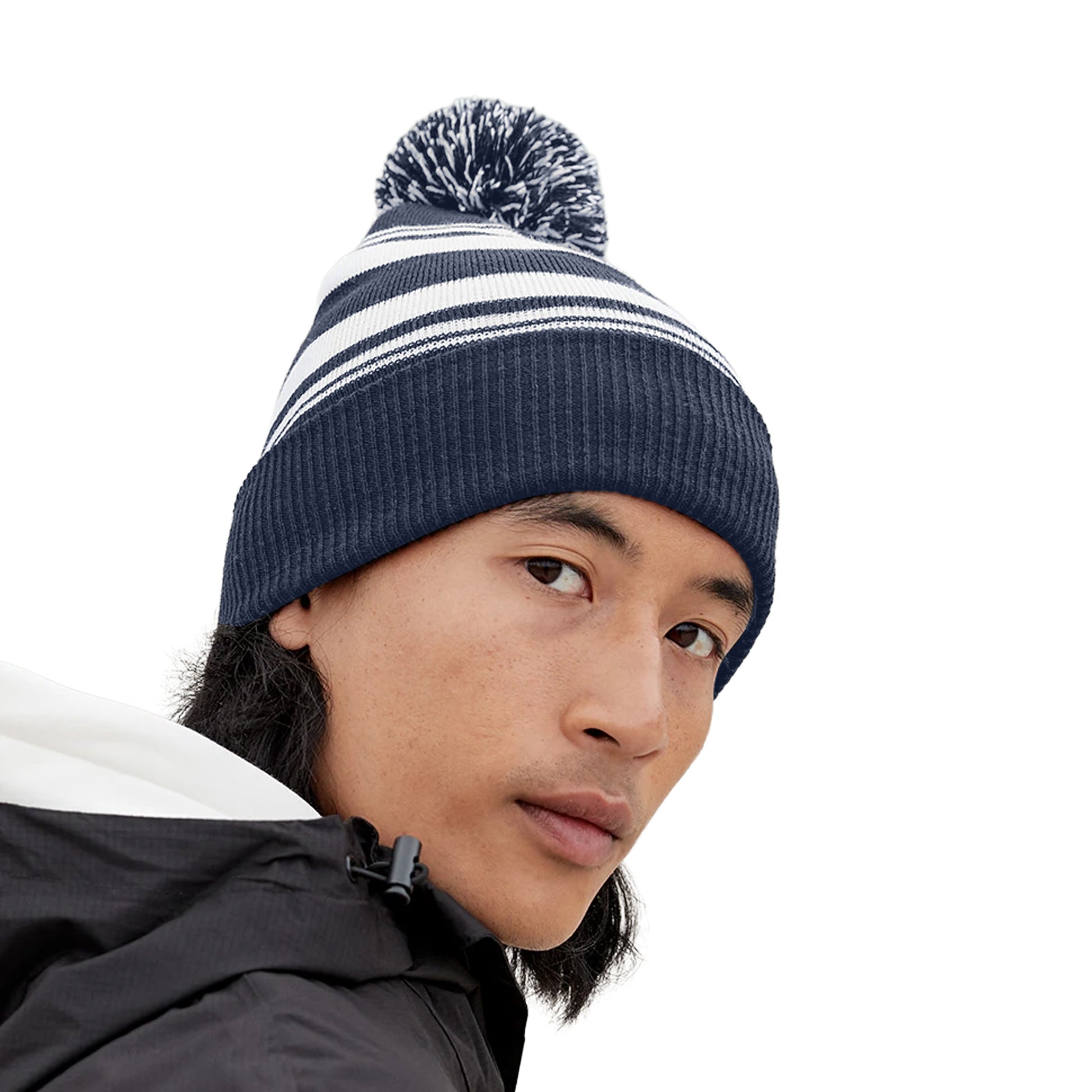 French Navy-White - Back - Beechfield Unisex Adult Fan Striped Beanie