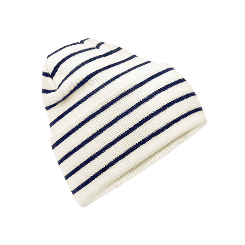 Soft White-French Navy - Front - Beechfield Unisex Adult Original Striped Deep Cuffed Beanie
