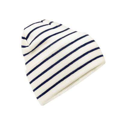 Soft White-French Navy - Front - Beechfield Unisex Adult Original Striped Deep Cuffed Beanie