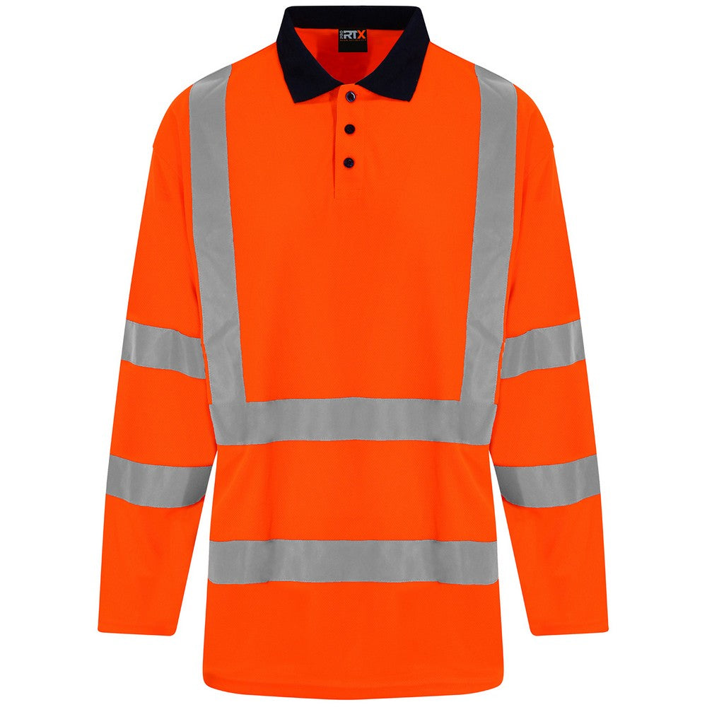 Orange-Navy - Front - PRORTX Mens High-Vis Long-Sleeved Polo Shirt