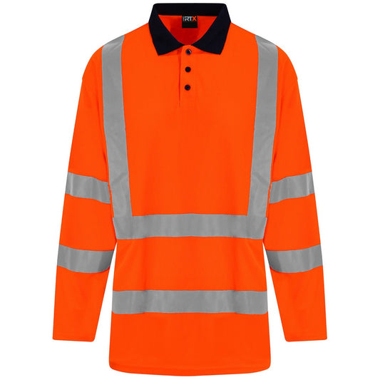 Orange-Navy - Front - PRORTX Mens High-Vis Long-Sleeved Polo Shirt