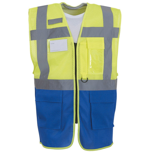 Yellow-Royal Blue - Front - Yoko Mens Executive Mesh Hi-Vis Vest