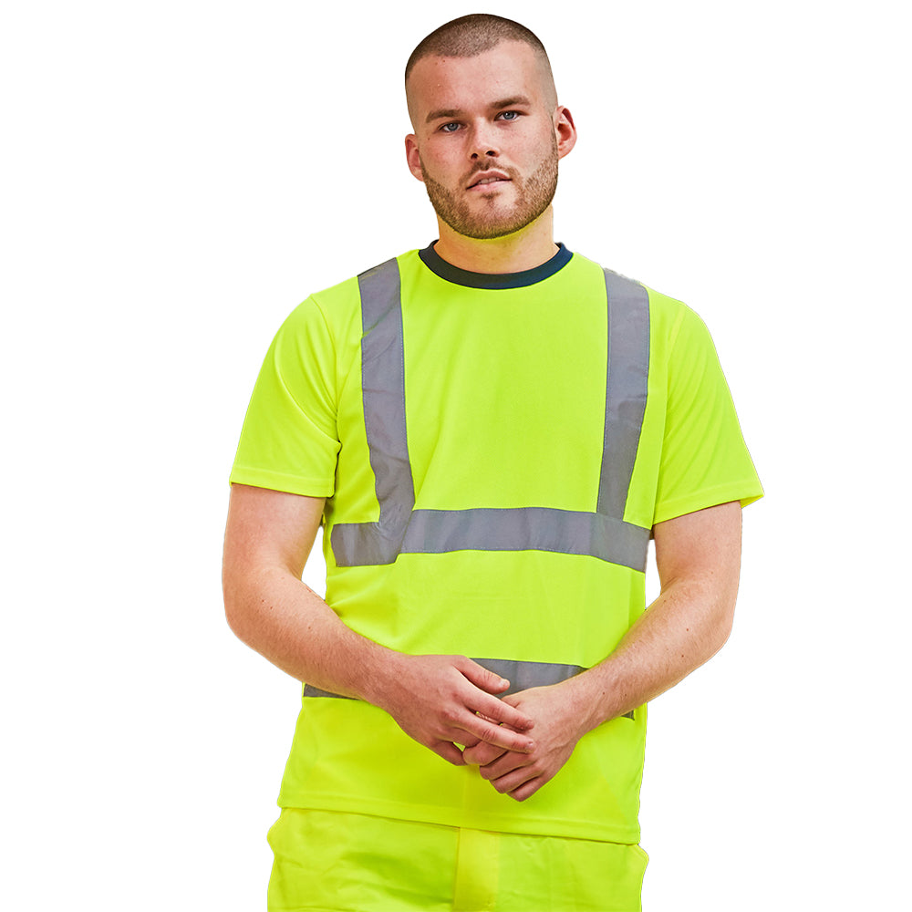 Hi Vis Yellow-Navy - Back - PRORTX Mens High-Vis T-Shirt