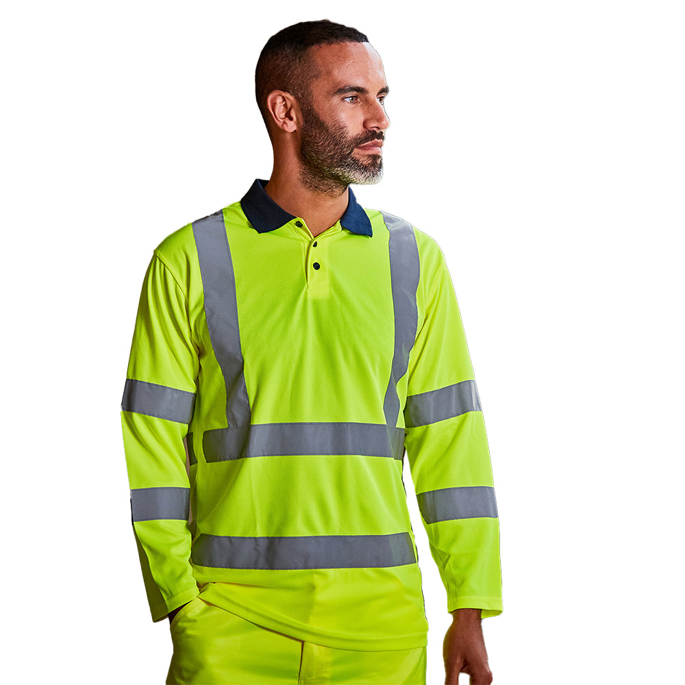 Hi Vis Yellow-Navy - Back - PRORTX Mens Long-Sleeved Polo Shirt