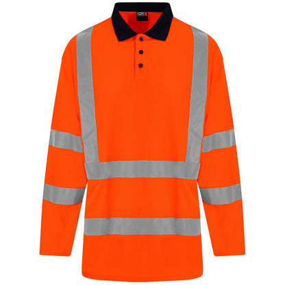 Hi Vis Orange-Navy - Front - PRORTX Mens Long-Sleeved Polo Shirt