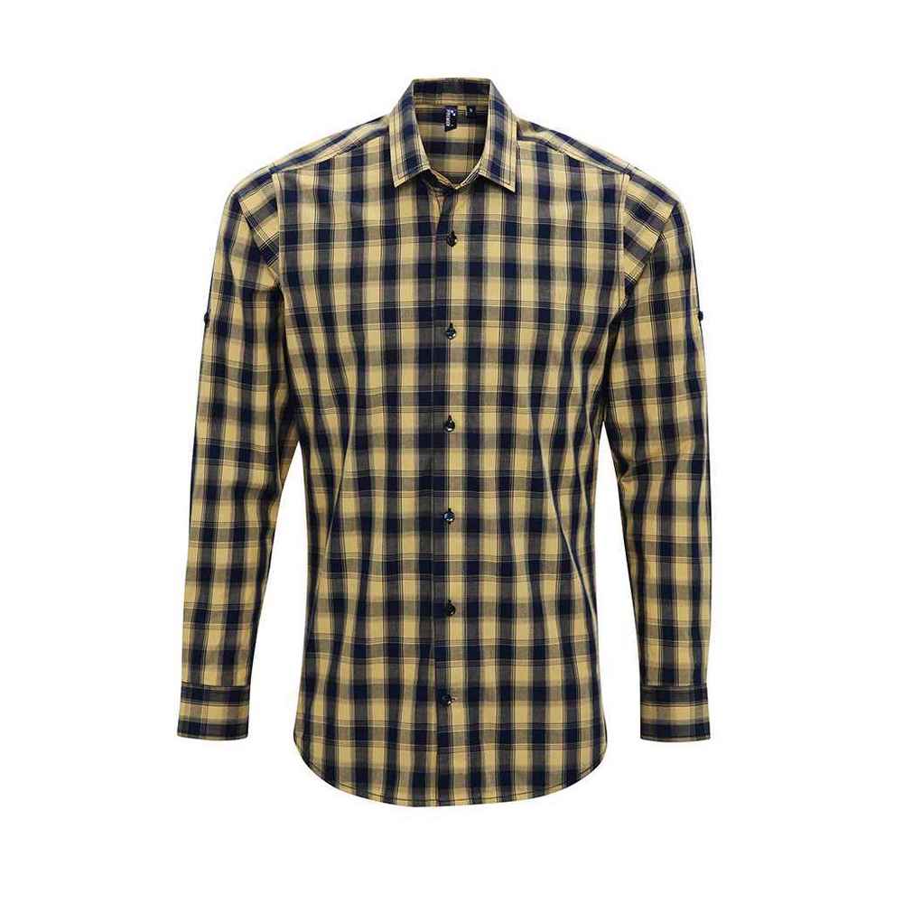 Camel-Navy - Front - Premier Mens Mulligan Checked Cotton Long-Sleeved Shirt