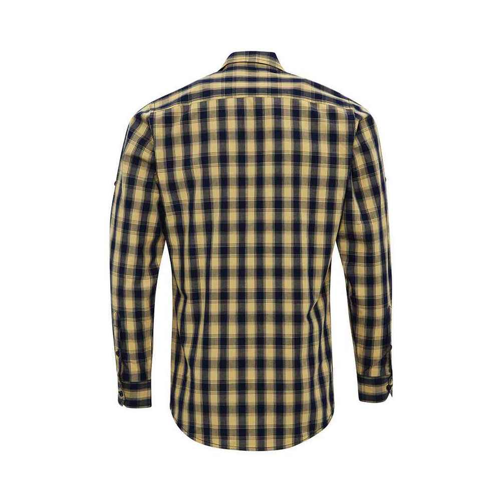 Camel-Navy - Back - Premier Mens Mulligan Checked Cotton Long-Sleeved Shirt