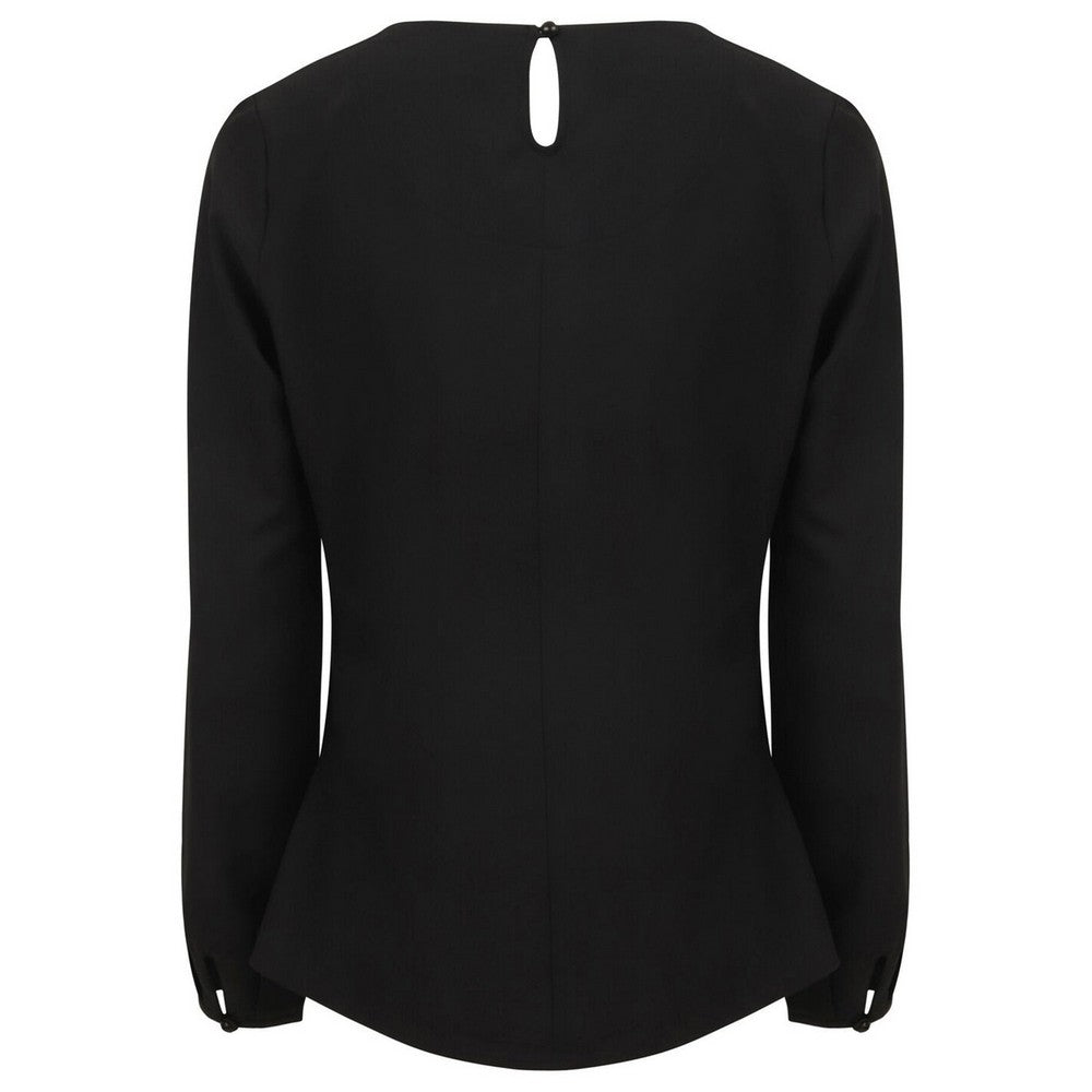 Black - Back - Henbury Womens-Ladies Yarn Pleat Front Long-Sleeved Blouse