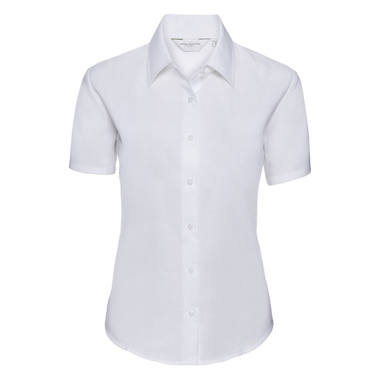 White - Front - Russell Collection Womens-Ladies Oxford Tailored Short-Sleeved Shirt