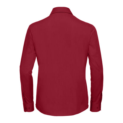 Classic Red - Back - Russell Collection Womens-Ladies Poplin Easy-Care Long-Sleeved Shirt
