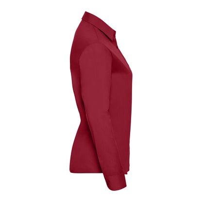 Classic Red - Side - Russell Collection Womens-Ladies Poplin Easy-Care Long-Sleeved Shirt