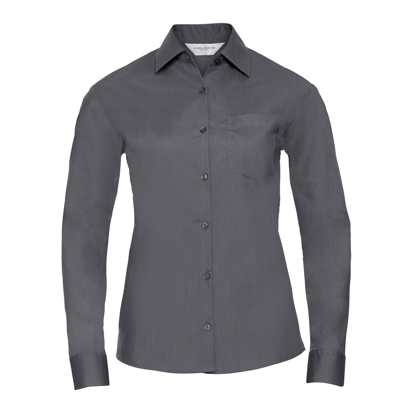 Convoy Grey - Front - Russell Collection Womens-Ladies Poplin Easy-Care Long-Sleeved Shirt