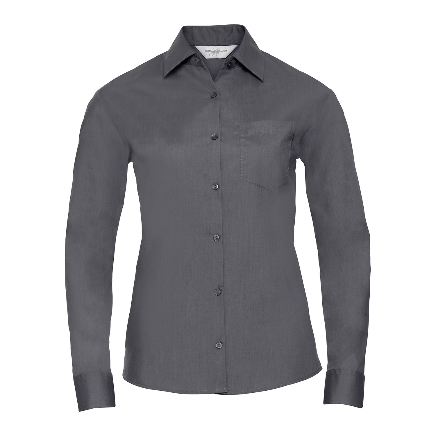 Convoy Grey - Front - Russell Collection Womens-Ladies Poplin Easy-Care Long-Sleeved Shirt