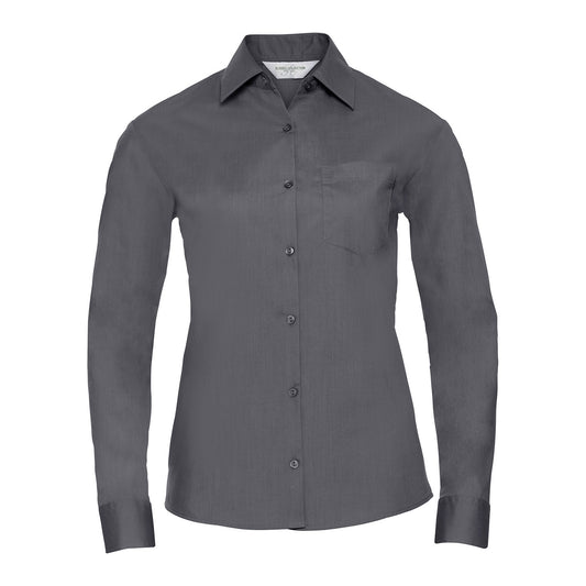 Convoy Grey - Front - Russell Collection Womens-Ladies Poplin Easy-Care Long-Sleeved Shirt