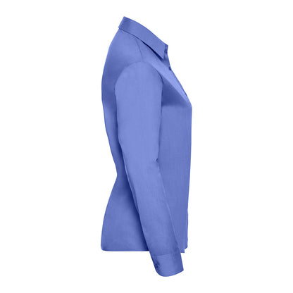 Corporate Blue - Side - Russell Collection Womens-Ladies Poplin Easy-Care Long-Sleeved Shirt