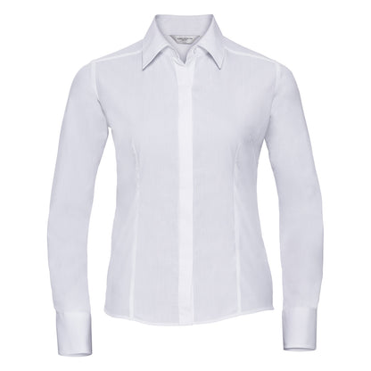 White - Front - Russell Collection Womens-Ladies Poplin Easy-Care Fitted Long-Sleeved Shirt