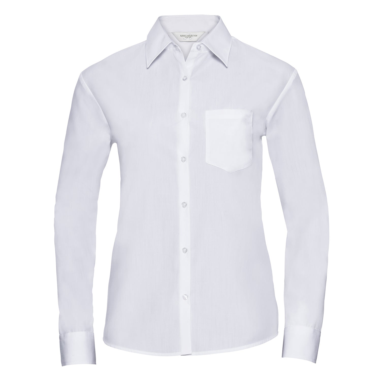 White - Front - Russell Collection Womens-Ladies Poplin Easy-Care Long-Sleeved Shirt