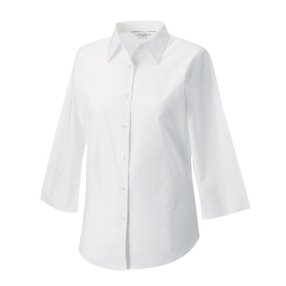 White - Side - Russell Collection Womens-Ladies Easy-Care Fitted 3-4 Sleeve Shirt