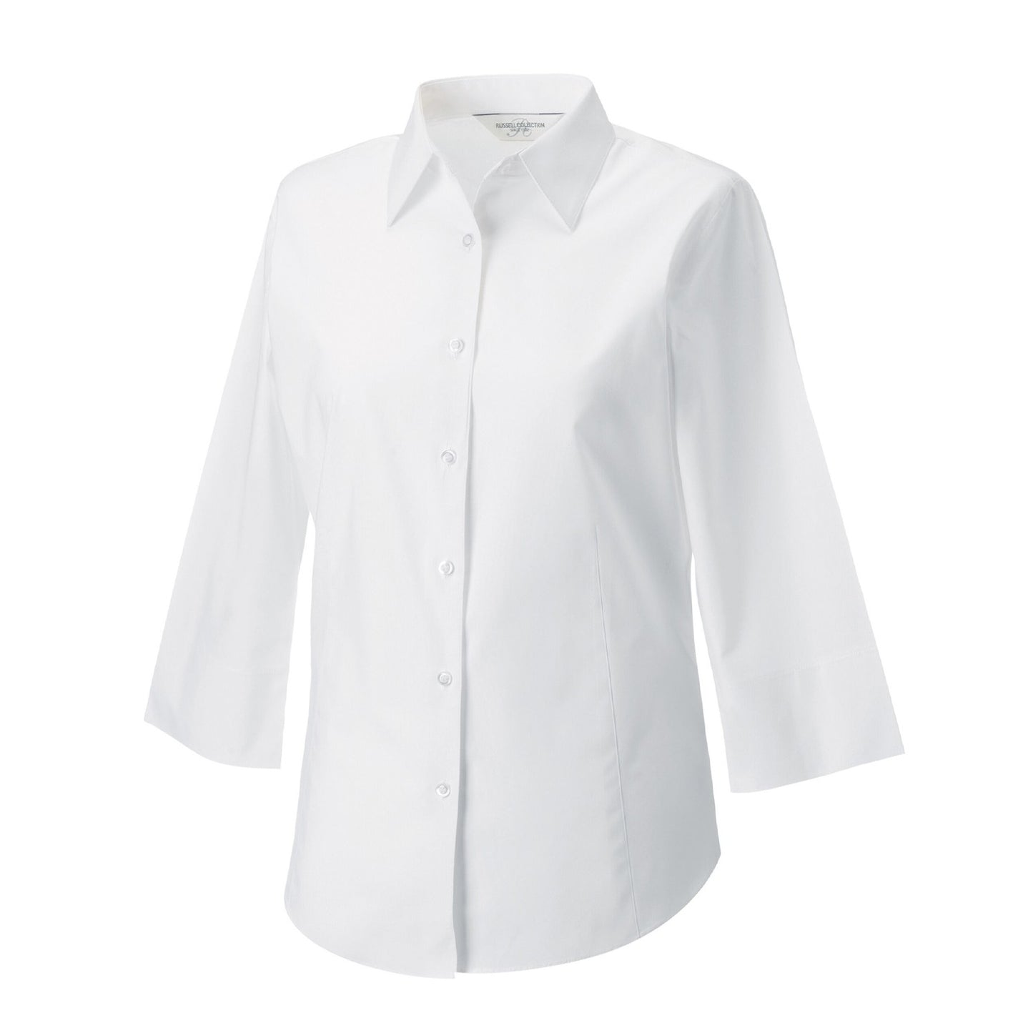 White - Side - Russell Collection Womens-Ladies Easy-Care Fitted 3-4 Sleeve Shirt