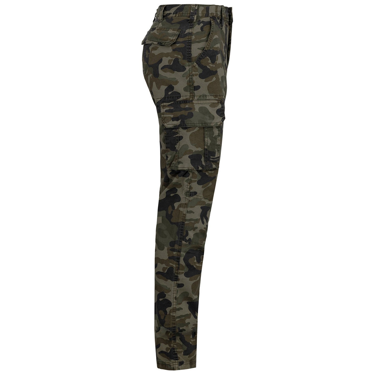 Green-Black-Brown Camo - Side - Kariban Mens Twill Camo Cargo Trousers