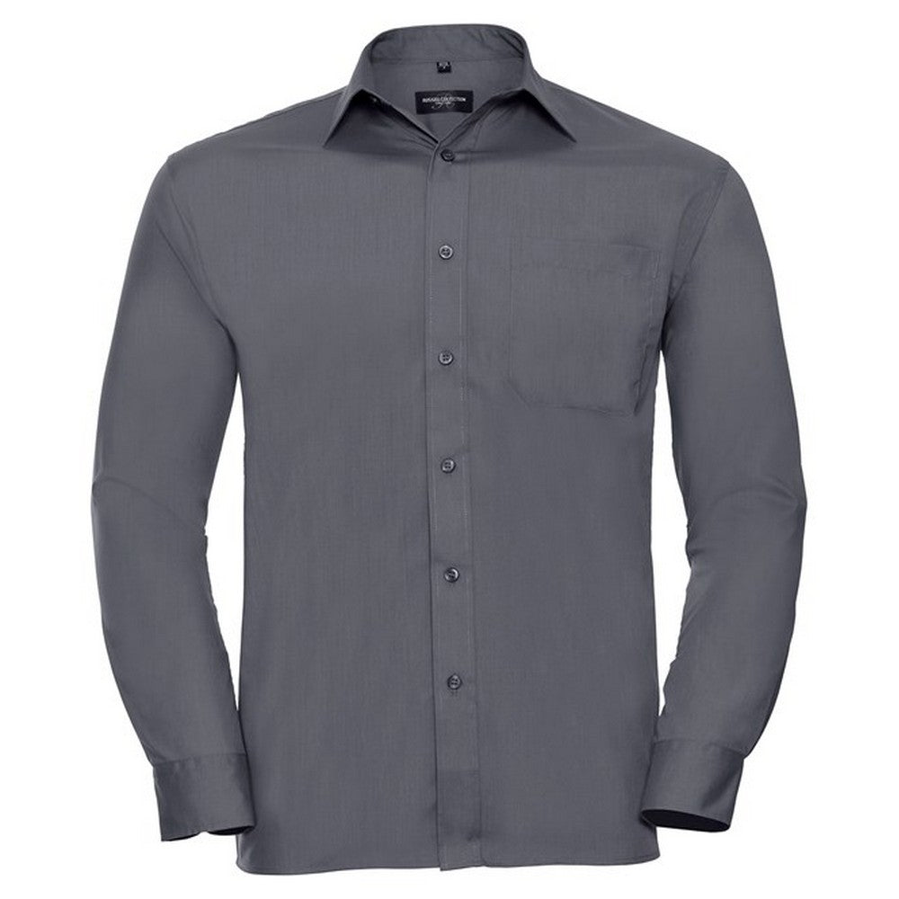 Convoy Grey - Front - Russell Collection Mens Poplin Easy-Care Long-Sleeved Shirt
