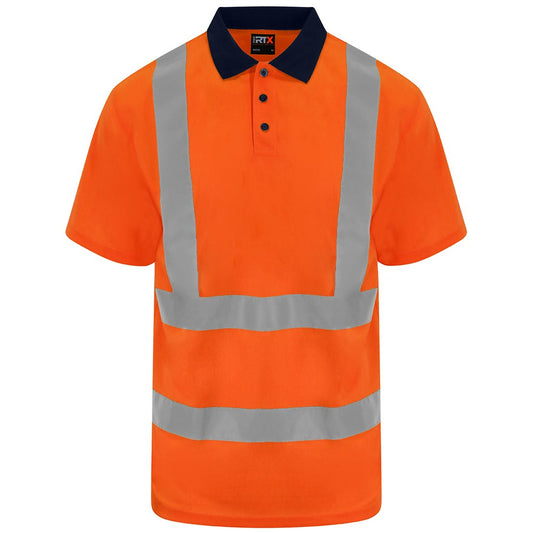 Orange-Navy - Front - PRO RTX Unisex Adult High Visibility Birdseye Polo Shirt