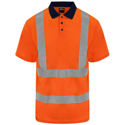Orange-Navy - Front - PRO RTX Unisex Adult High Visibility Birdseye Polo Shirt