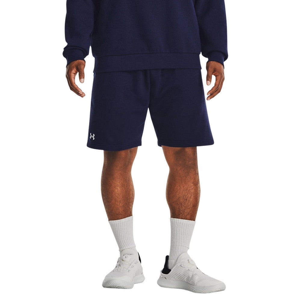 Midnight Navy-White - Side - Under Armour Mens Rival Fleece Shorts