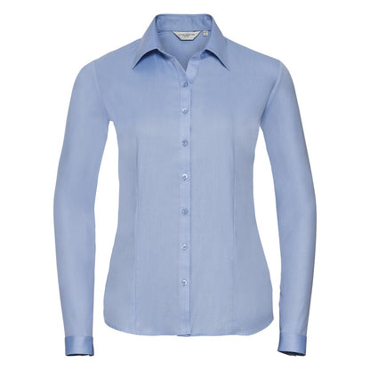 Light Blue - Front - Russell Collection Womens-Ladies Herringbone Long-Sleeved Shirt