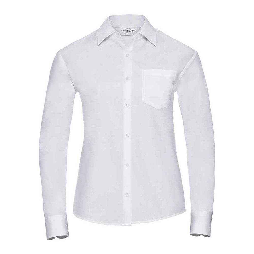 White - Front - Russell Collection Womens-Ladies Plain Cotton Poplin Easy-Care Long-Sleeved Shirt