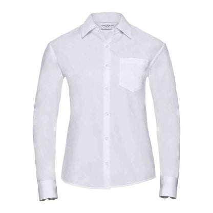 White - Front - Russell Collection Womens-Ladies Plain Cotton Poplin Easy-Care Long-Sleeved Shirt