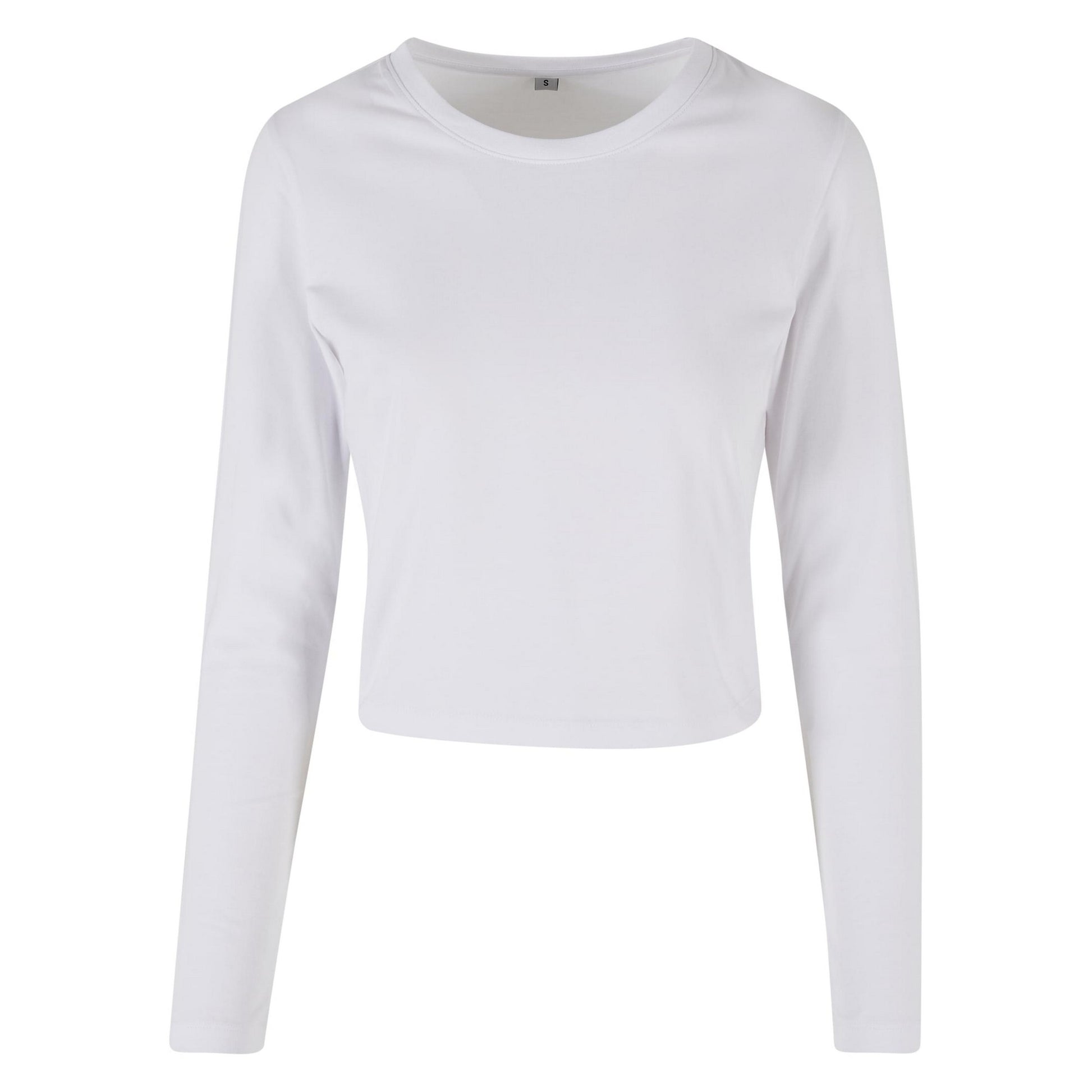 White - Front - Build Your Brand Womens-Ladies Long-Sleeved Crop Top