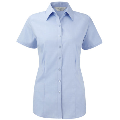 Light Blue - Front - Russell Collection Womens-Ladies Herringbone Short-Sleeved Shirt