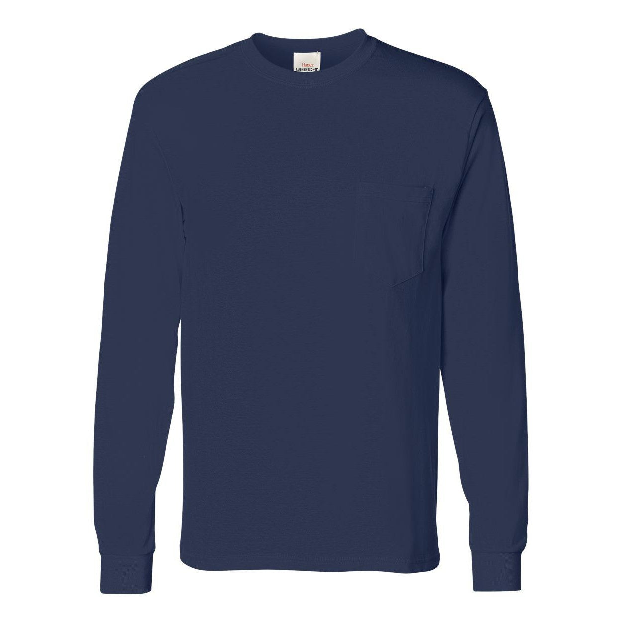 Navy - Front - Hanes Authentic Long Sleeve Pocket T-Shirt