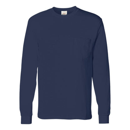 Navy - Front - Hanes Authentic Long Sleeve Pocket T-Shirt