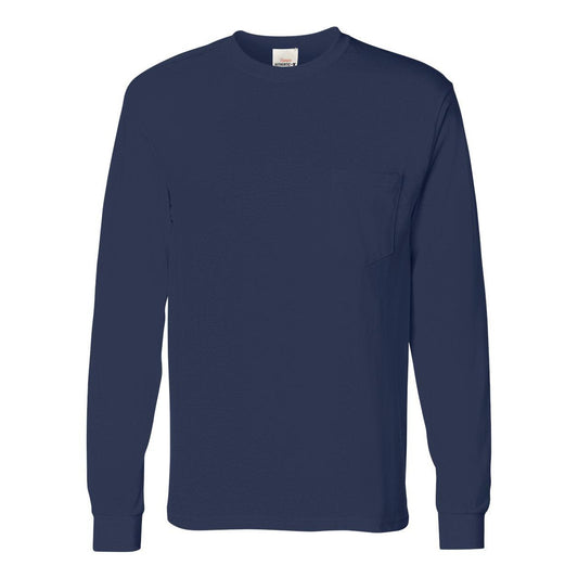 Navy - Front - Hanes Authentic Long Sleeve Pocket T-Shirt