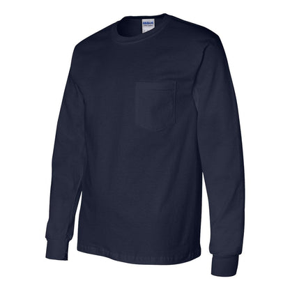 Navy - Side - Gildan Ultra Cotton Long Sleeve Pocket T-Shirt