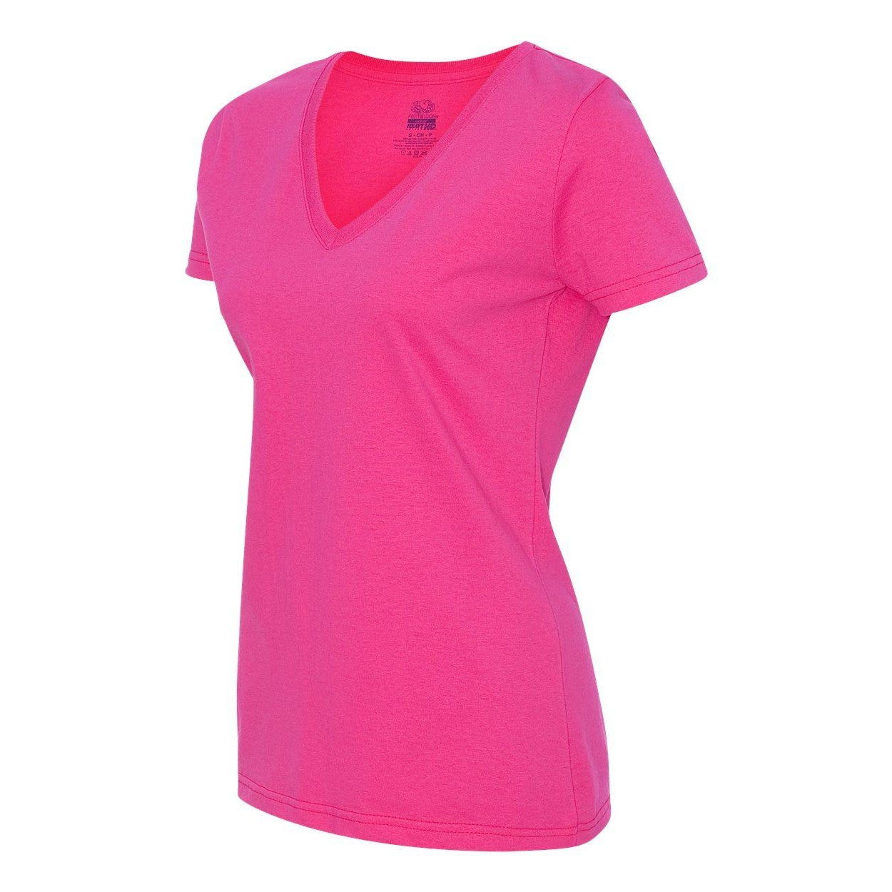 Cyber Pink - Side - Fruit of the Loom HD Cotton Women's V-Neck T-Shirt
