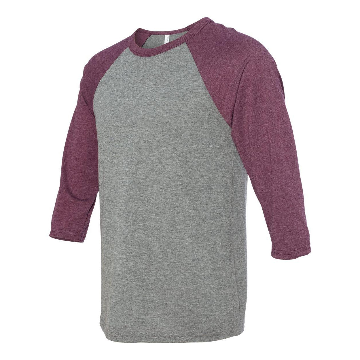 Grey- Maroon Triblend - Side - BELLA + CANVAS Three-Quarter Sleeve Baseball Tee