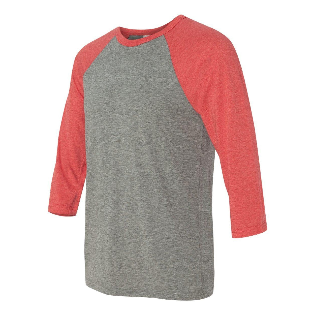 Grey- Red Triblend - Side - BELLA + CANVAS Three-Quarter Sleeve Baseball Tee