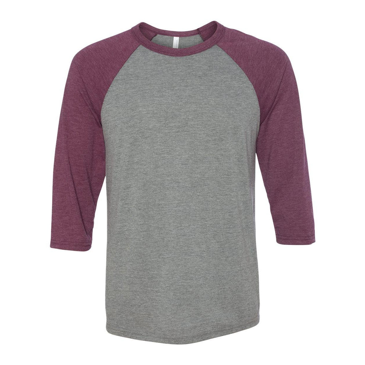Grey- Maroon Triblend - Front - BELLA + CANVAS Three-Quarter Sleeve Baseball Tee